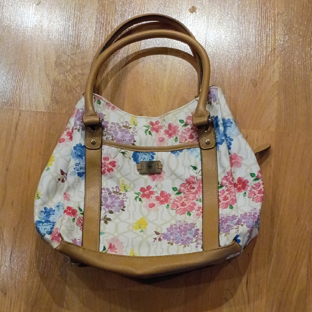 Floral Shoulder Bag with Tan Trim